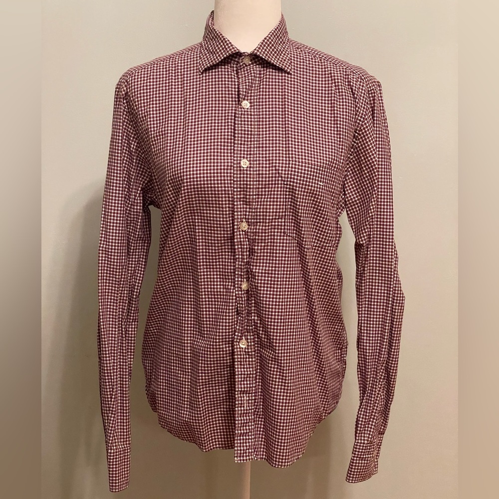 Gorgeous tight plaid/gingham tailored men’s button down, short collar, Hartford